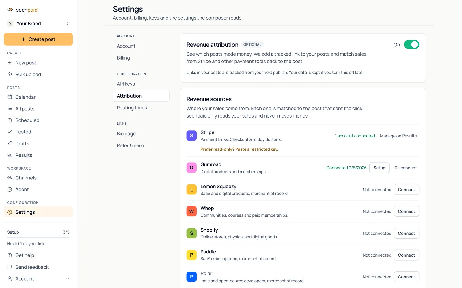 seenpaid Settings, Attribution tab: the optional revenue attribution switch turned on, and the revenue sources list with Stripe and Gumroad connected and Lemon Squeezy, Whop, Shopify, Paddle and Polar ready to connect