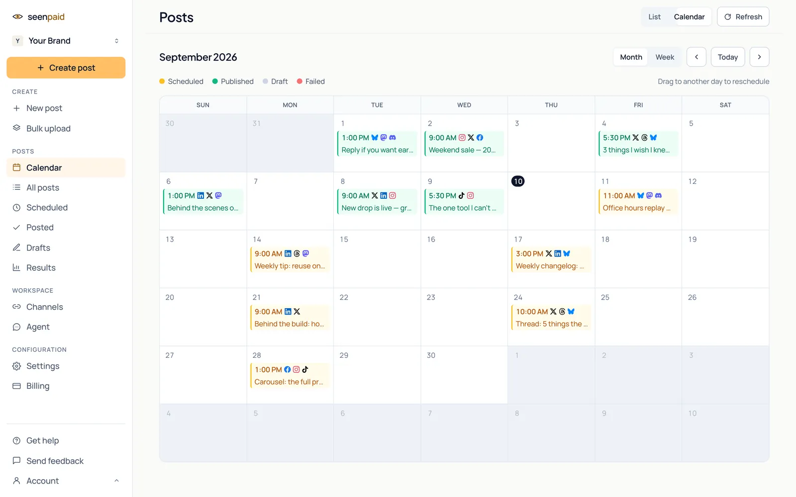 seenpaid content calendar in month view for September 2026, with published and scheduled posts spread across the month, each chip showing its time and the networks it goes to: X, LinkedIn, Bluesky, Threads, Mastodon, Discord, Instagram, Facebook and TikTok